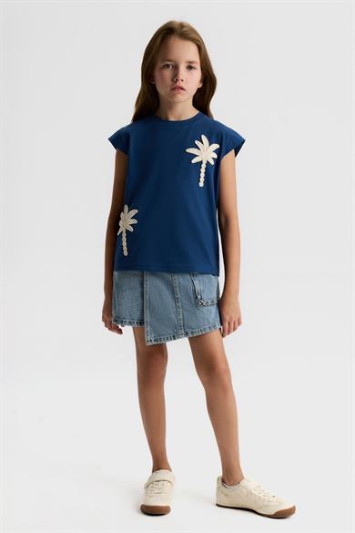 Nk Kids Kız Çocuk 8-14 Yaş Palmiye Nakışlı Kısa Kol T-Shirt Lacivert