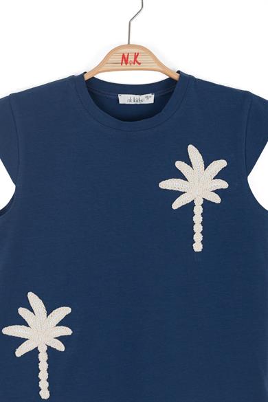 Nk Kids Kız Çocuk 8-14 Yaş Palmiye Nakışlı Kısa Kol T-Shirt Lacivert