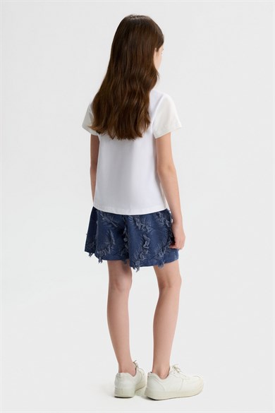 Nk Kids Kız Çocuk 8-14 Yaş Palmiye Nakışlı Kısa Kol T-shirt Beyaz