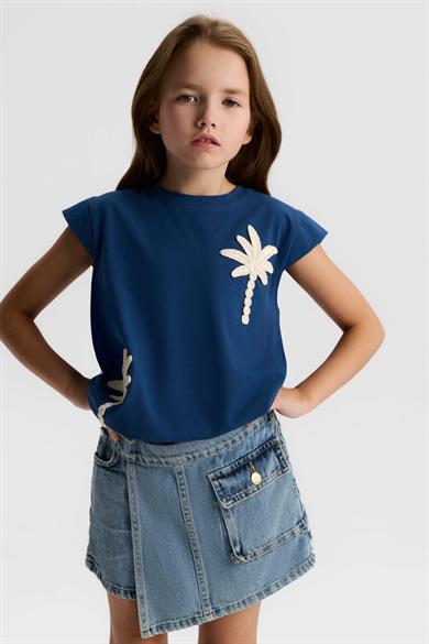 Nk Kids Kız Çocuk 8-14 Yaş Palmiye Nakışlı Kısa Kol T-Shirt Lacivert