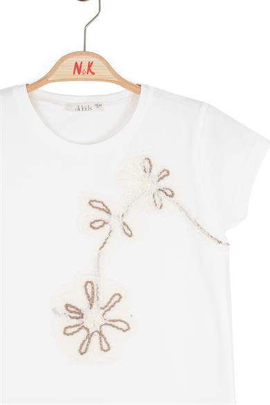 Nk Kids Kız Çocuk 8-14 Yaş Sarmal Çiçek İşlemeli Kısa Kol T-Shirt Ekru