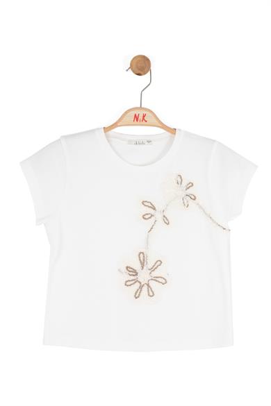Nk Kids Kız Çocuk 8-14 Yaş Sarmal Çiçek İşlemeli Kısa Kol T-Shirt Ekru