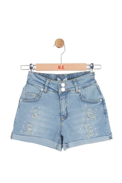 Nk Kids Kız Çocuk 8-14 Yaş Taş Detaylı Denim Şort Kot Mavi