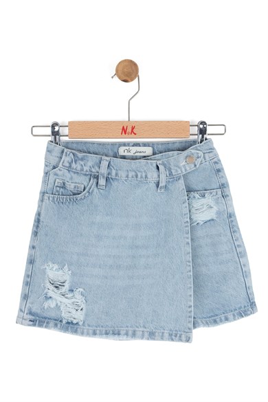 Nk Kids Kız Çocuk 8-14 Yaş Yırtık Detaylı Denim Şort Etek Kot Mavi