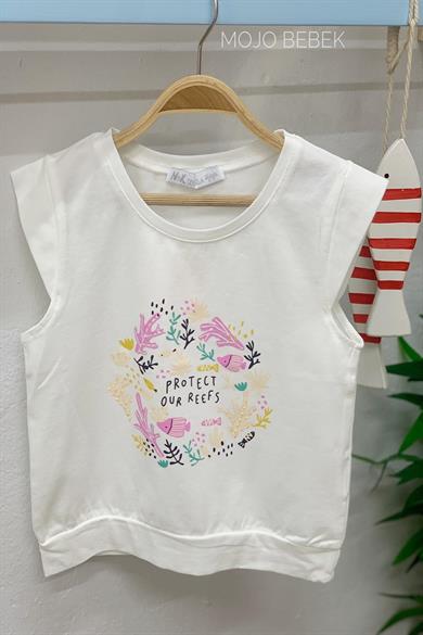 NK Kids Kız Çocuk Deniz Altı Desenli Kısa Kol T-shirt 32530 Ekru-Pembe