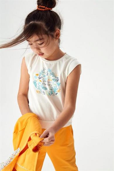 NK Kids Kız Çocuk Deniz Altı Desenli Kısa Kol T-shirt 32530 Ekru-Mavi