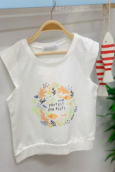 NK Kids Kız Çocuk Deniz Altı Desenli Kısa Kol T-shirt 32530 Ekru-Turuncu