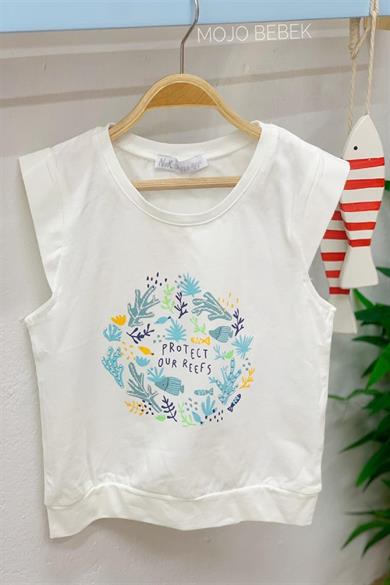 NK Kids Kız Çocuk Deniz Altı Desenli Kısa Kol T-shirt 32530 Ekru-Mavi