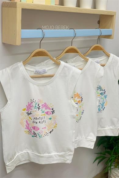NK Kids Kız Çocuk Deniz Altı Desenli Kısa Kol T-shirt 32530 Ekru-Mavi