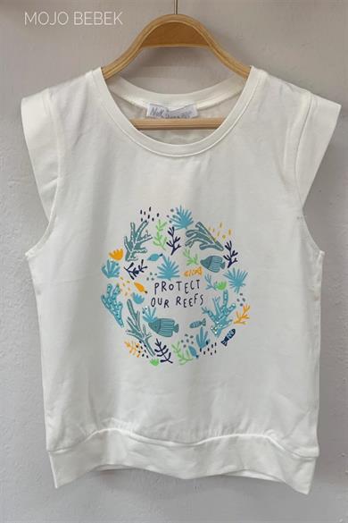 NK Kids Kız Çocuk Deniz Altı Desenli Kısa Kol T-shirt 32530 Ekru-Mavi