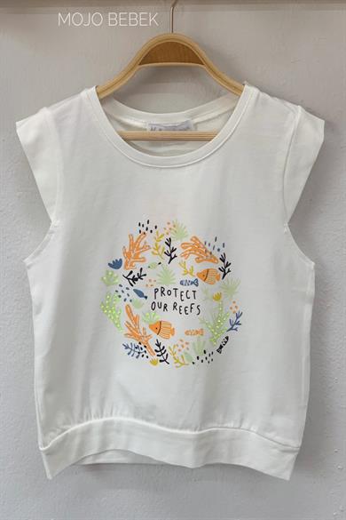 NK Kids Kız Çocuk Deniz Altı Desenli Kısa Kol T-shirt 32530 Ekru-Turuncu
