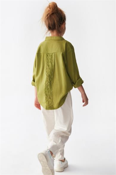 Nk Kids Kız Çocuk Güpür İşlemeli Pamuk Keten Gömlek 36373 Yağ Yeşili