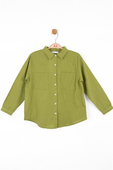 Nk Kids Kız Çocuk Güpür İşlemeli Pamuk Keten Gömlek 36373 Yağ Yeşili
