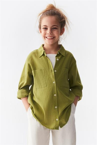 Nk Kids Kız Çocuk Güpür İşlemeli Pamuk Keten Gömlek 36373 Yağ Yeşili