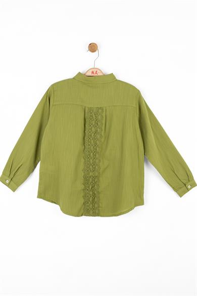 Nk Kids Kız Çocuk Güpür İşlemeli Pamuk Keten Gömlek 36373 Yağ Yeşili