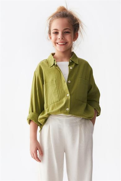 Nk Kids Kız Çocuk Güpür İşlemeli Pamuk Keten Gömlek 36373 Yağ Yeşili