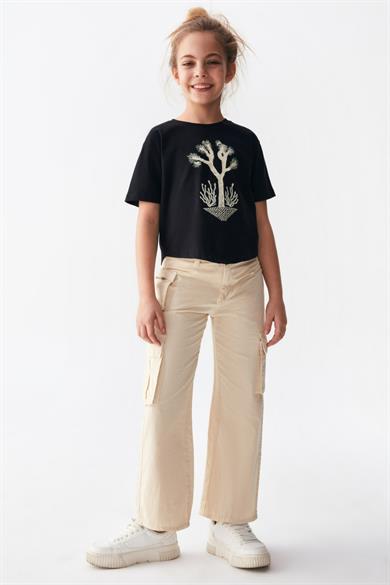 Nk Kids Kız Çocuk Kargo Cep Bol Paça Yazlık  Pantolon 56701 Krem