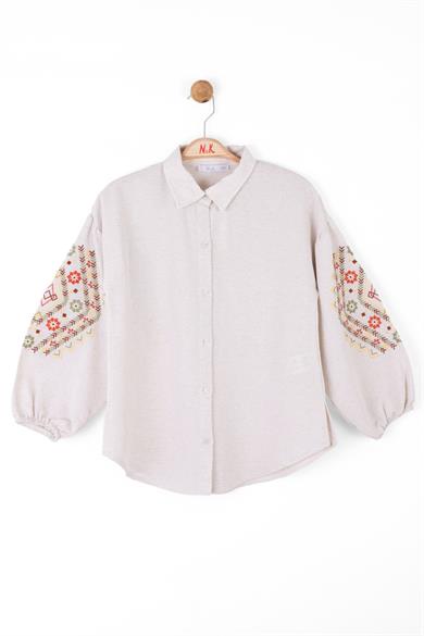 Nk Kids Kız Çocuk Kolları İşlemeli Keten Gömlek 36417 Krem