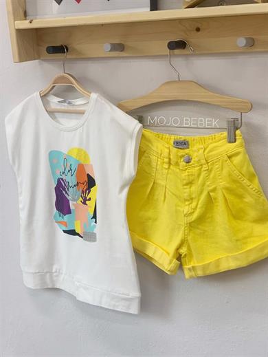 NK Kids Kız Çocuk Pileli Lastikli Bel Şort 52701 Sarı