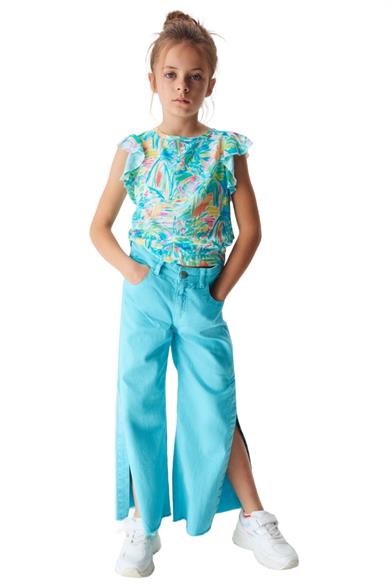 NK Kids Kız Çocuk Yırtmaçlı Bol Paça Denim Pantolon 54714 Mavi