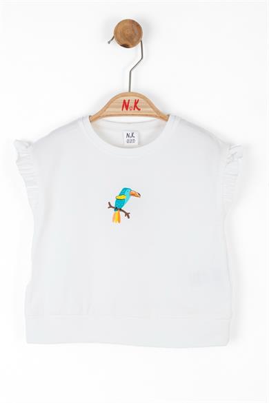 Nk Kids Kolları Fırfırlı Baskılı Kısa Kol T-shirt 36603 Ekru