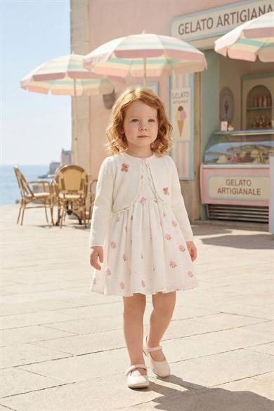 Pamina Kız Bebek 6-24 Ay Bolerolu Çiçek Desen Keten Elbise Beyaz
