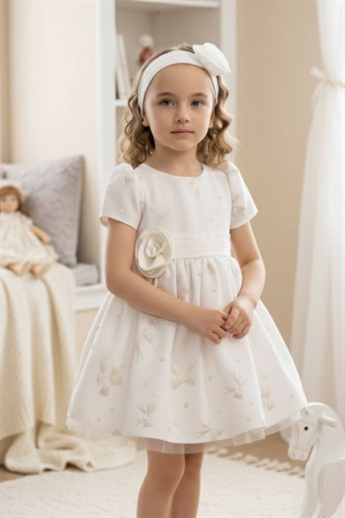 Pamina Kız Bebek 6-24 Ay Fiyonk Kabartma Desenli Elbise Ekru