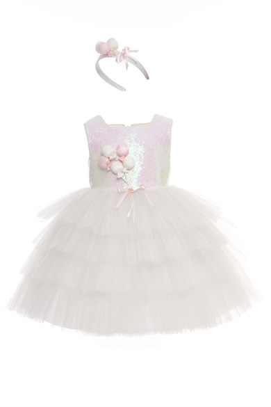 Pamina Kız Çocuk 3-7 Yaş Balon Buketli Taç Detaylı Tüllü Elbise Ekru