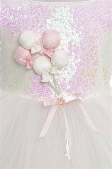 Pamina Kız Çocuk 3-7 Yaş Balon Buketli Taç Detaylı Tüllü Elbise Ekru