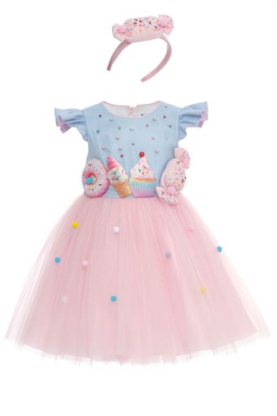 Pamina Kız Çocuk 3-7 Yaş Donat ve Candy Detaylı Özel Tasarım Elbise Pembe