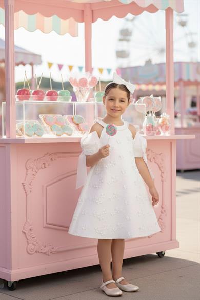 Pamina Kız Çocuk 3-7 Yaş Halter Yaka Dantel İşlemeli Elbise Beyaz