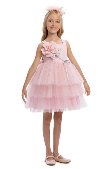 Pamina Kız Çocuk 3-7 Yaş Üç Boyutlu Çiçek Desenli Taçlı Tütü Elbise Pembe