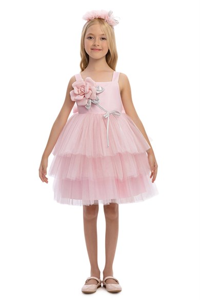 Pamina Kız Çocuk 3-7 Yaş Üç Boyutlu Çiçek Desenli Taçlı Tütü Elbise Pembe