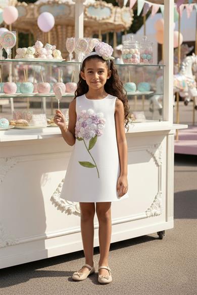 Pamina Kız Çocuk 3-7 Yaş Üç Boyutlu Çiçek İşlemeli Elbise Ekru