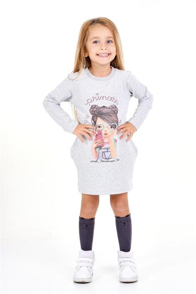 Pop Fashion Kız Çocuk Baskılı Cepli Elbise 6750 Gri