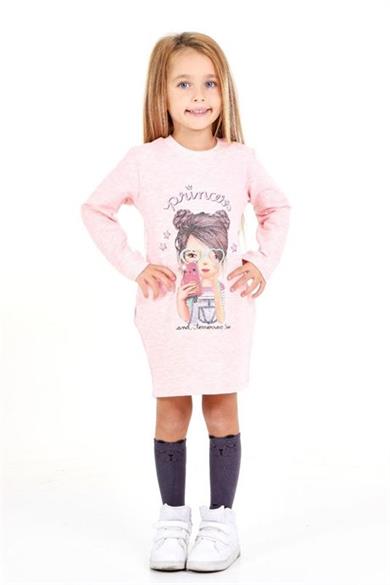 Pop Fashion Kız Çocuk Baskılı Cepli Elbise 6750 Pembe