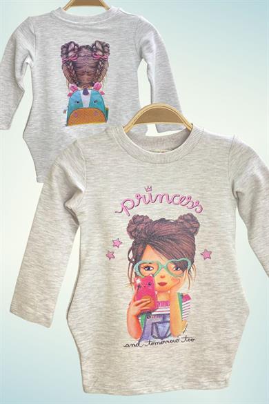 Pop Fashion Kız Çocuk Baskılı Cepli Elbise 6750 Gri