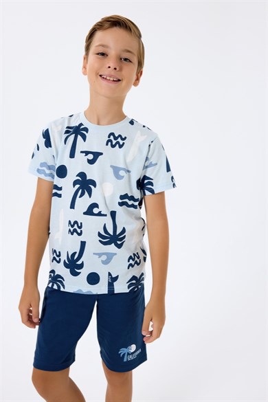 Rolypoly Erkek Çocuk 2-14 Yaş Palmiye Baskılı Şortlu Pijama Takımı Mavi