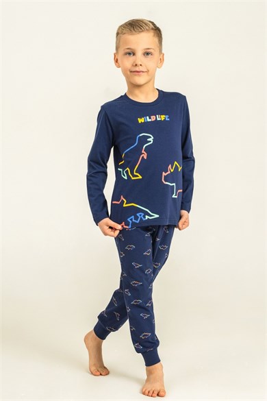 Rolypoly Erkek Çocuk 3-9 Yaş Dinazor Desenli Pijama Takımı Lacivert