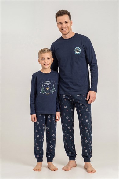 RolyPoly Erkek Çocuk Yeni Yıl Temalı Uzun Kol Pijama Takımı Lacivert