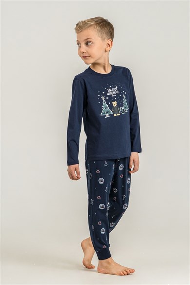 RolyPoly Erkek Çocuk Yeni Yıl Temalı Uzun Kol Pijama Takımı Lacivert
