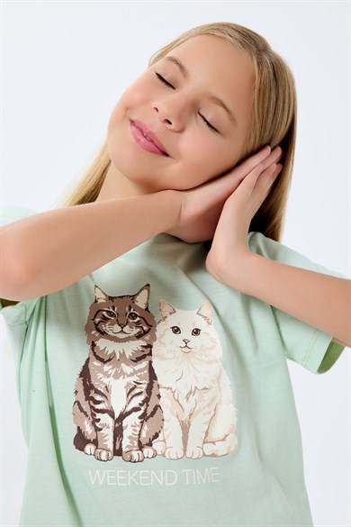 Rolypoly Kız Çocuk 2-14 Yaş Kedi Baskılı Kısa Kol Pijama Takımı Mint