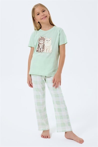 Rolypoly Kız Çocuk 2-14 Yaş Kedi Baskılı Kısa Kol Pijama Takımı Mint