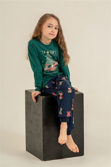 Rolypoly Kız Çocuk 3-9 Yaş Anne- Kız Ayıcık Desenli Pijama Takımı Haki