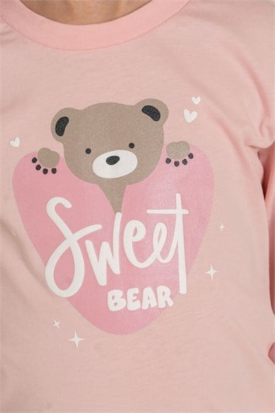 Rolypoly Kız Çocuk 3-9 Yaş Sweet Bear Desenli Pijama Takımı Pudra
