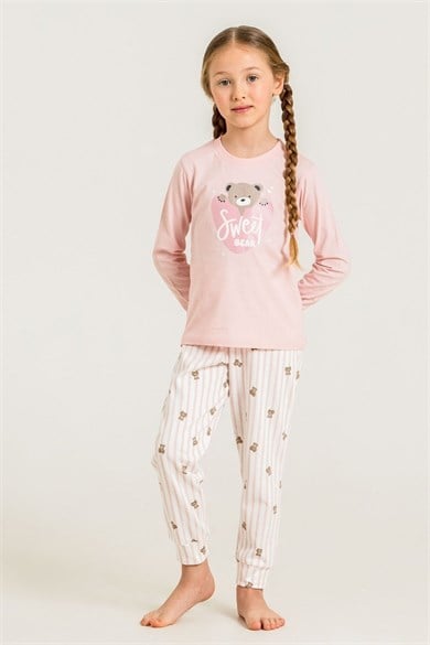 Rolypoly Kız Çocuk 3-9 Yaş Sweet Bear Desenli Pijama Takımı Pudra