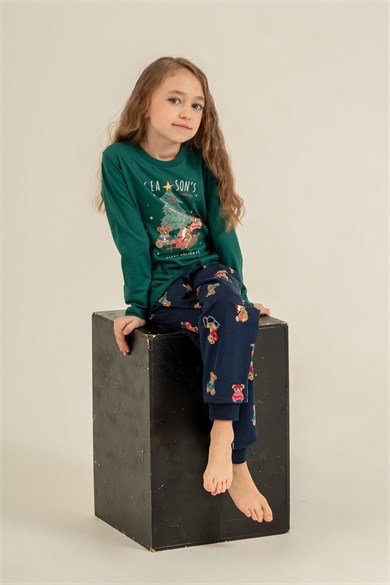 Rolypoly Kız Çocuk 9-14 Yaş Anne- Kız Ayıcık Desenli Pijama Takımı Haki