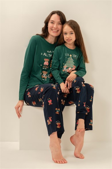 Rolypoly Kız Çocuk 9-14 Yaş Anne- Kız Ayıcık Desenli Pijama Takımı Haki