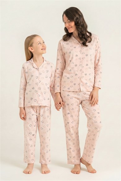 Rolypoly S-M-LXL Anne- Kız Gömlek Pijama Takımı Pudra