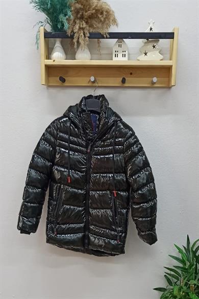 Stil-İst Unisex Çocuk Kapüşonlu Parlak Mont 7101 Haki